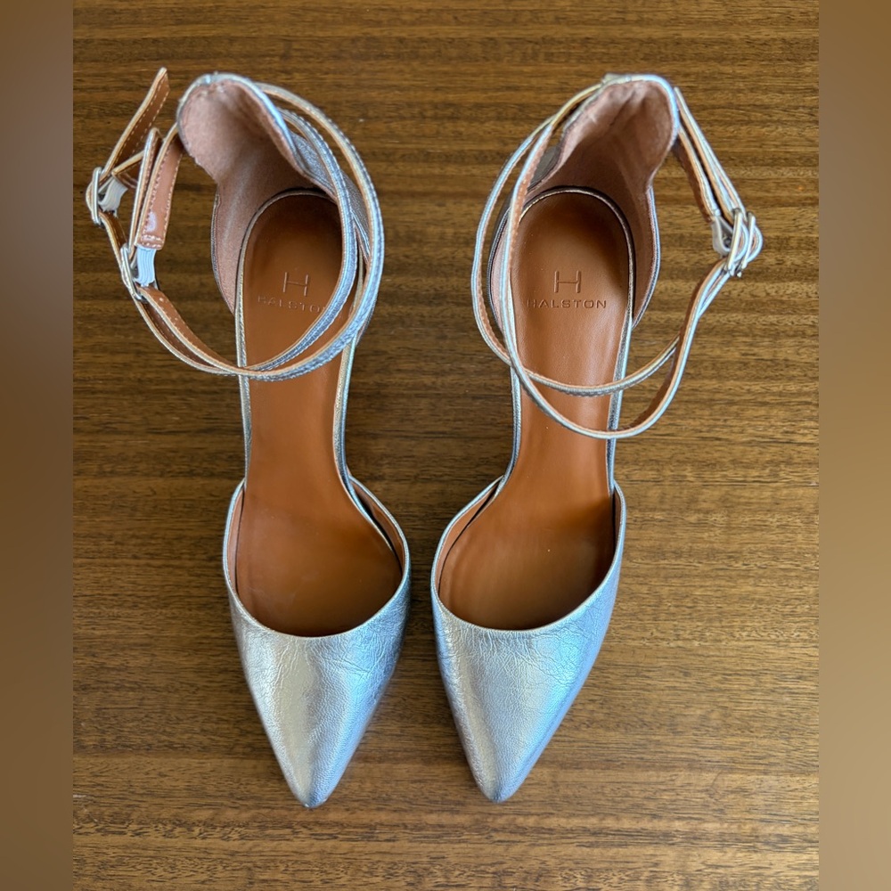 H by Halston “London” Metallic Silver Pointed-Toe Ankle-Strap Pumps